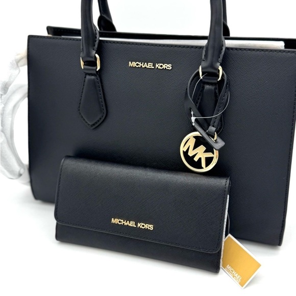 Michael Kors Sheila Medium Satchel Bag & Large Trifold Wallet Black/Gold - Picture 11 of 14